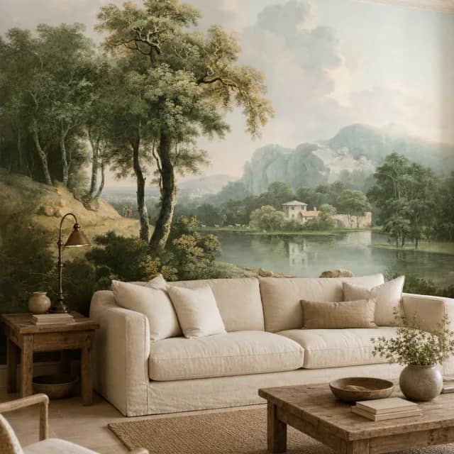 Classical lake mural covering a living room wall with linen furniture