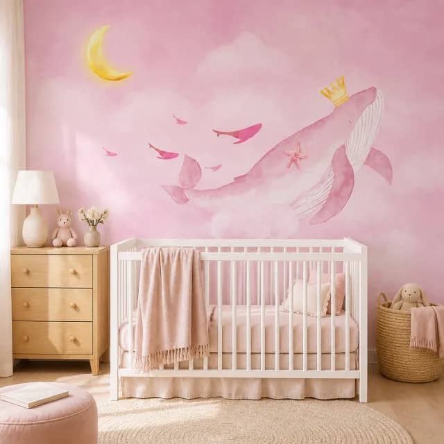 Pink whale mural in a calm nursery with a white crib