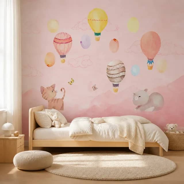 Blush balloon mural in a calm children's bedroom