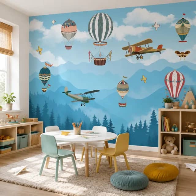 Hot air balloon kids wallpaper behind a wooden crib