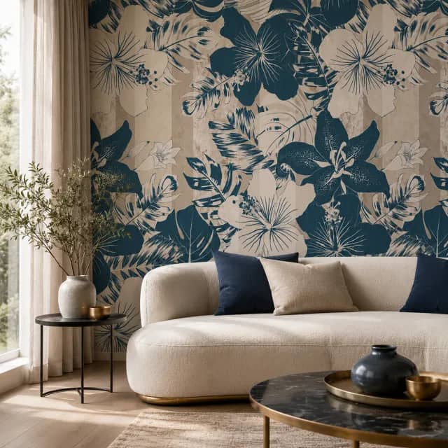 Petrol blue hibiscus wallpaper installed in a modern living room