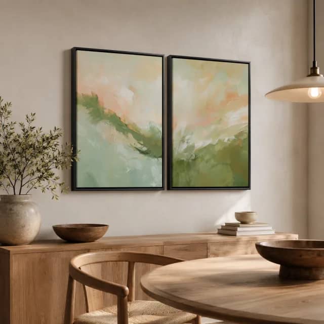 Quiet Olive Breeze two-piece artwork in black frames in a modern dining corner