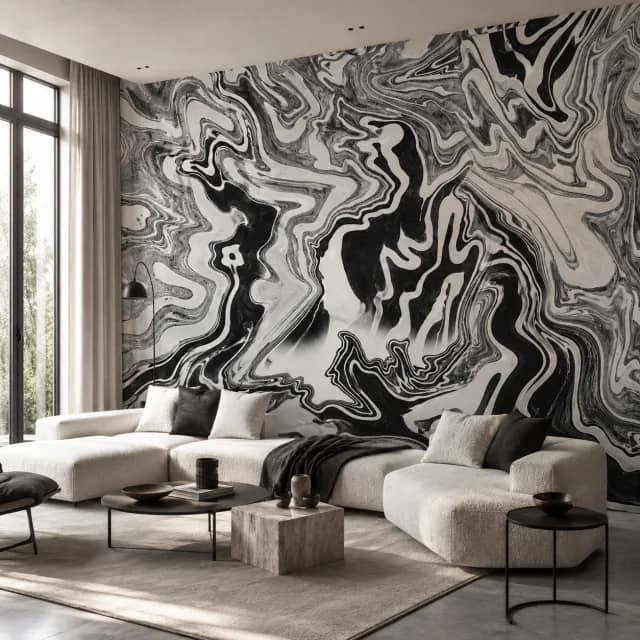 Black and white marble wallpaper in a modern living room