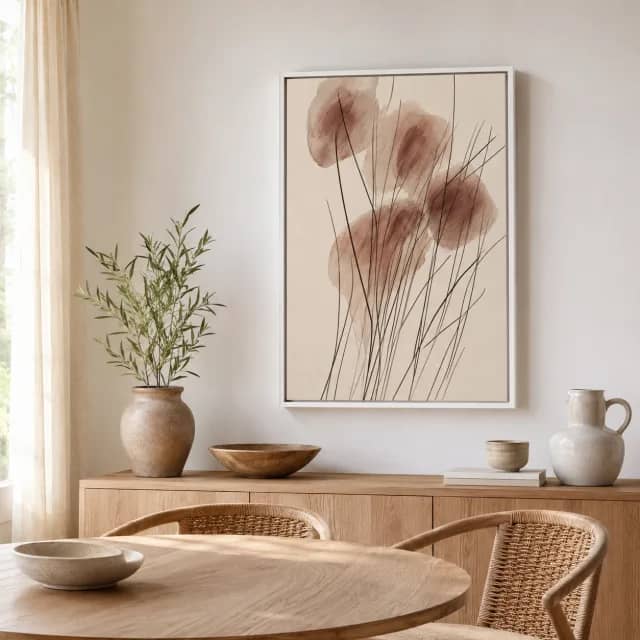 Watercolor Stem Whisper in a white frame in an organic dining nook with light wood