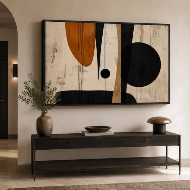 Black Amber Rhythm artwork in a black frame above a dark console in an elegant entryway