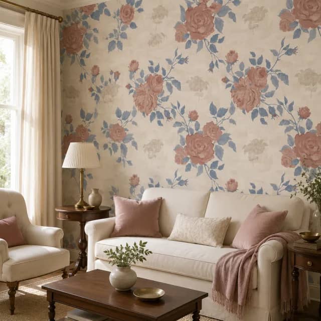 Pink rose wallpaper installed in a classic living room
