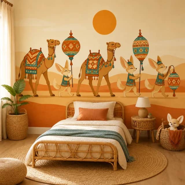 Desert parade mural in a bohemian children's bedroom