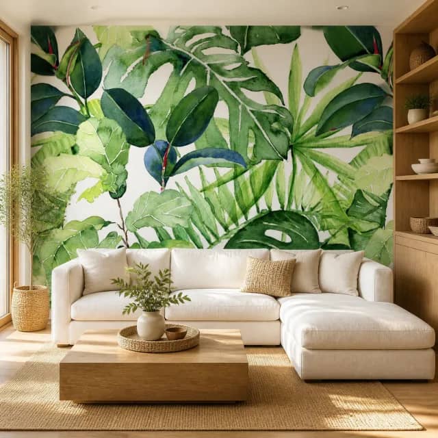 Tropical leaf mural on a bright modern living room wall
