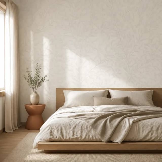 Ivory leaf wallpaper in a serene Japandi bedroom