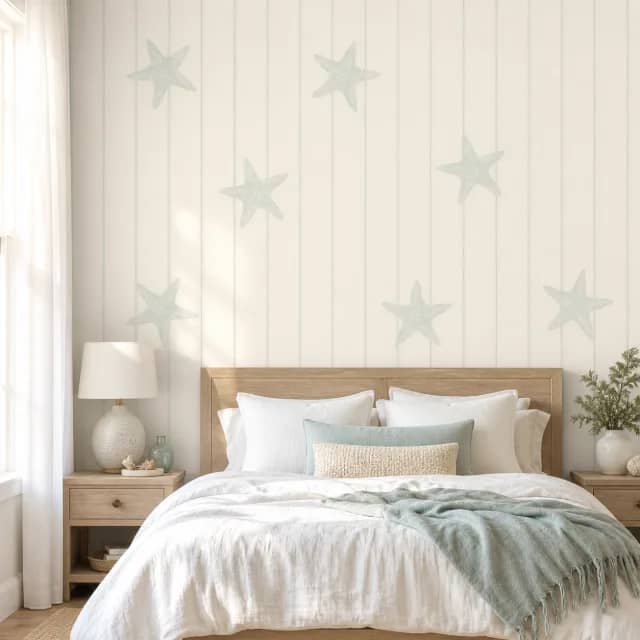 Starfish pinstripe wallpaper in a refined coastal bedroom