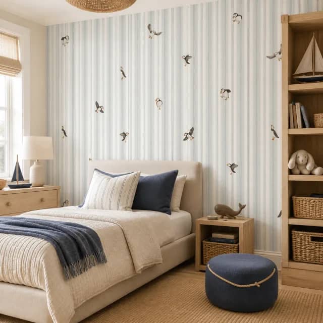Puffin pinstripe mural installed in a calm coastal bedroom