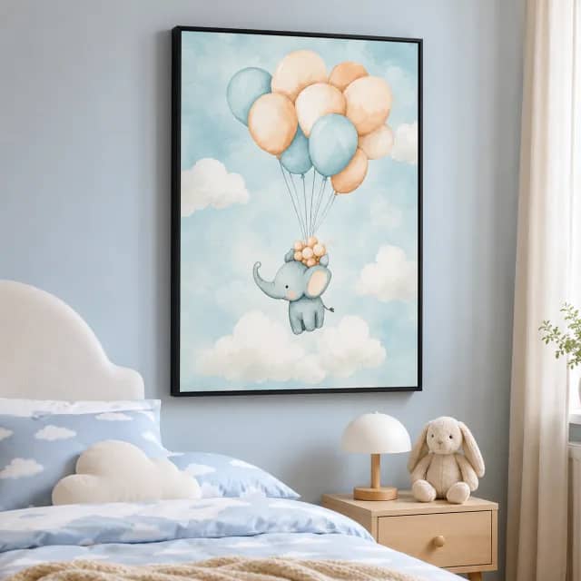 Floating elephant cloud journey in a black frame in a soft modern child's bedroom