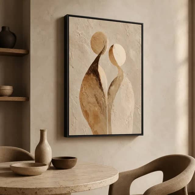 Clay Stillness in a black floater frame above a calm earth-tone dining nook