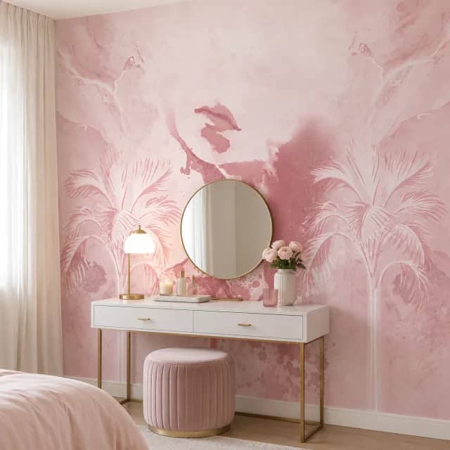 غرفة نوم هادئة بخلفية ورق حائط غزال وردي مائي خلف السرير