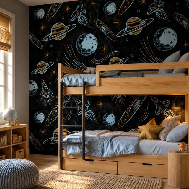 Black space wallpaper installed behind a wooden kids bed