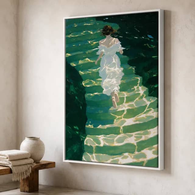 Emerald Crossing artwork in a white floater frame on a minimal plaster studio wall