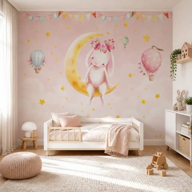 Dreamy Moon Bunny wallpaper behind a white toddler bed in a calm blush nursery