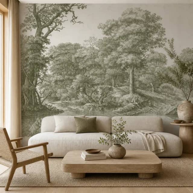 Olive woodland mural behind a linen sofa in an organic contemporary living room
