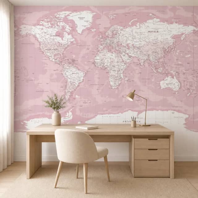 Blush world map mural in a home office