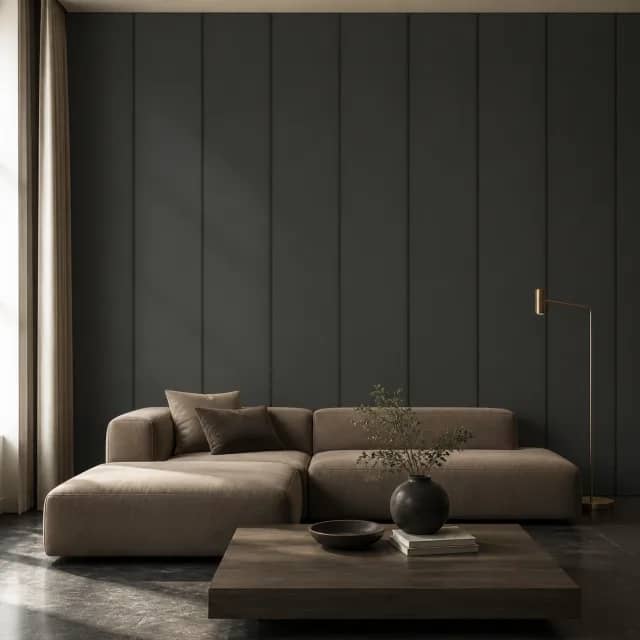 Charcoal vertical-texture mural installed edge-to-edge in a contemporary living room