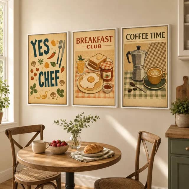 لوحات YES CHEF وBREAKFAST CLUB وCOFFEE TIME فوق ترابيزة فطار صغيرة