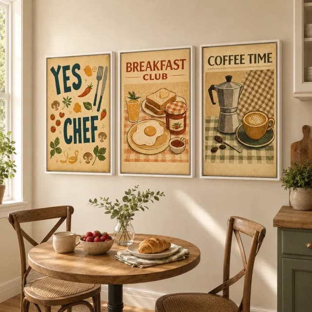 لوحات YES CHEF وBREAKFAST CLUB وCOFFEE TIME فوق ترابيزة فطار صغيرة
