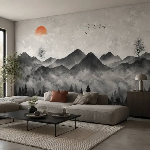 Misty Gray Mountain interior wallpaper mockup