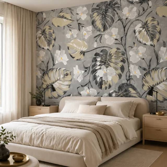 Gray monstera and hibiscus wallpaper behind a bed in a calm bedroom