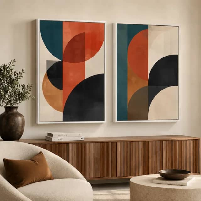Warm Orbit Rhythm in white frames within a quiet boutique hotel sitting area