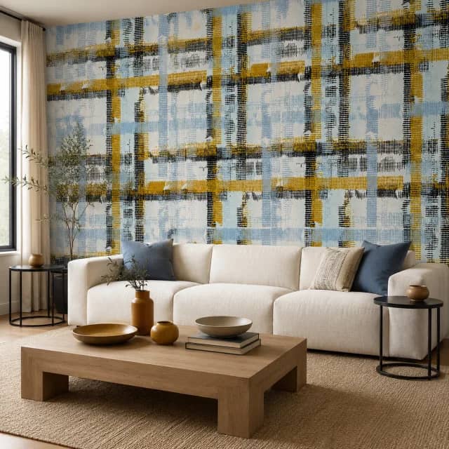 Abstract geometric wallpaper behind an ivory sofa in a modern living room