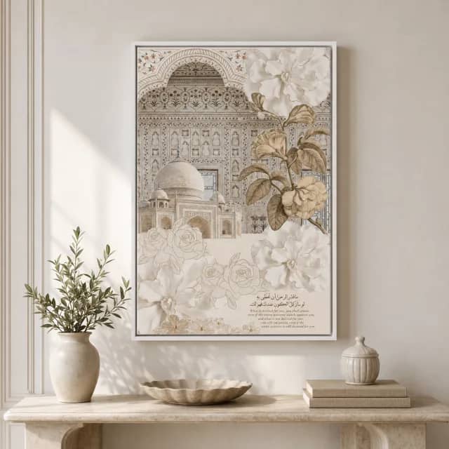Jasmine Palace above a stone console with a white frame and ivory florals