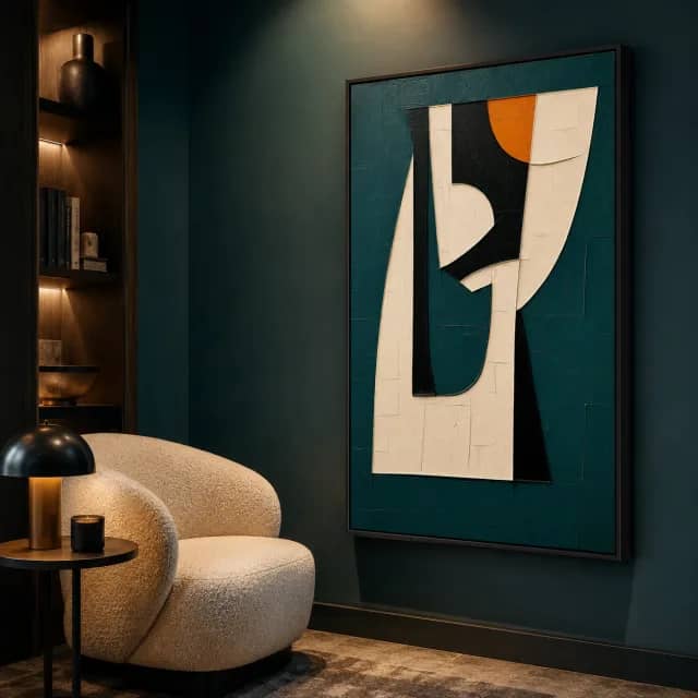Quiet Emerald Gateway in a black frame in a teal lounge corner with warm lighting