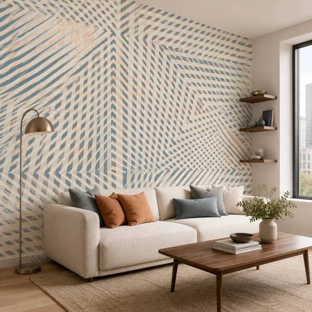 Interlaced geometric wallpaper installed in a modern living room