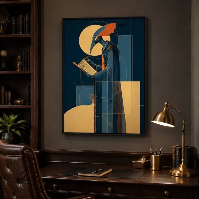 Egyptian geometric artwork in a black frame above a warm wooden study desk
