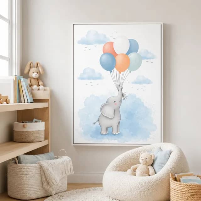 Dream Balloon Elephant in a white frame styled in a soft children's reading corner