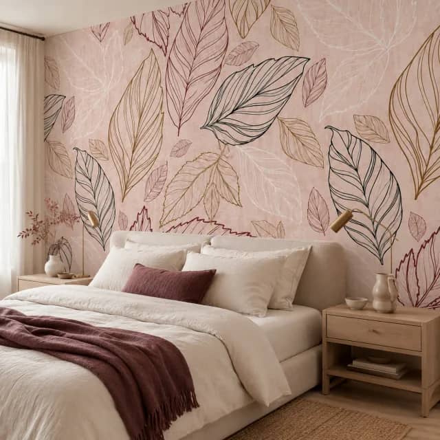Soft blush botanical leaf wallpaper installed behind a bed in a calm bedroom