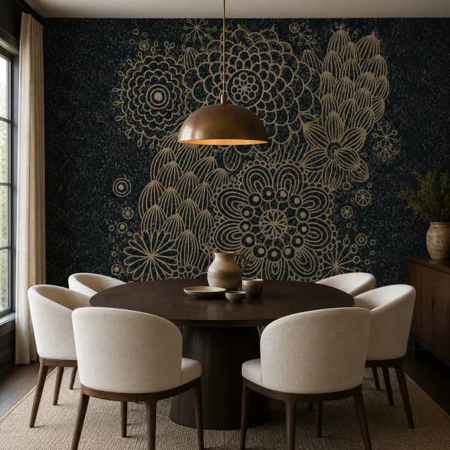 Dark gold botanical wallpaper in a luxury lounge corner