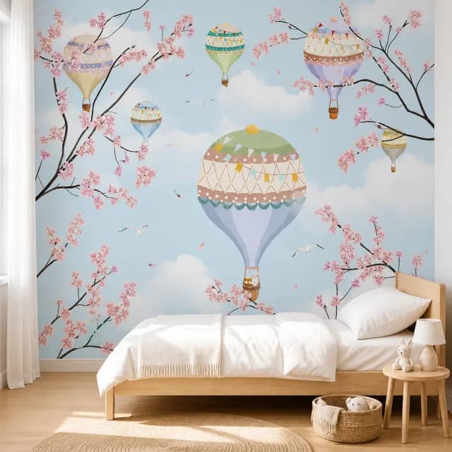 Balloon and cherry-blossom wallpaper behind a light wood bed
