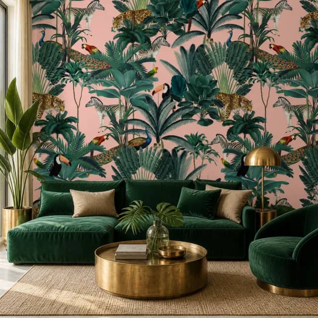 Blush jungle safari mural in a living room with green furniture