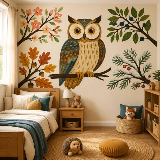 Four Seasons Owl mural in a warm children's bedroom