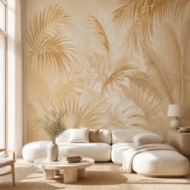 Beige botanical mural in a contemporary living room