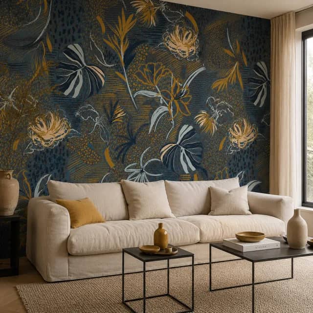 Teal gold botanical wallpaper in a contemporary living room
