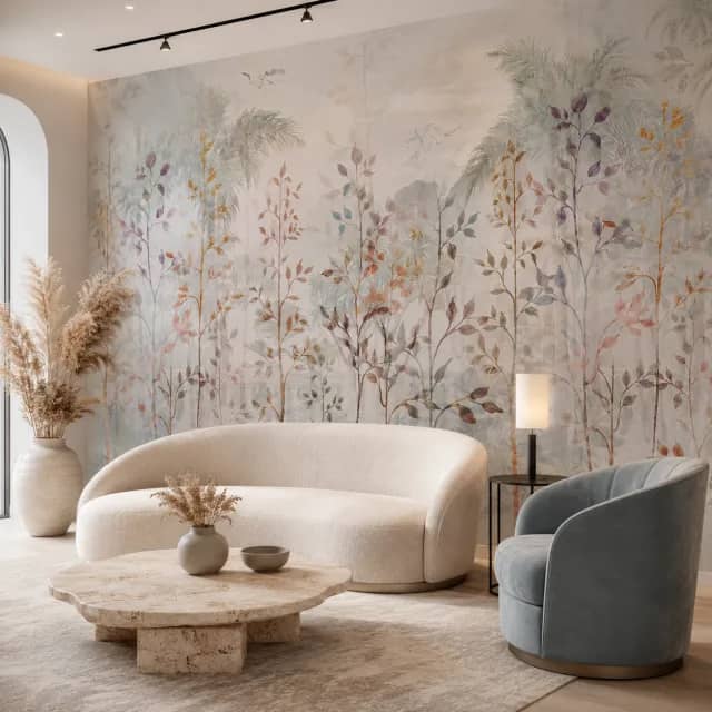 Misty palm and branch wallpaper in a calm lounge