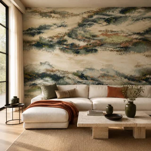Abstract mural wallpaper installed in a modern living room with a cream sofa