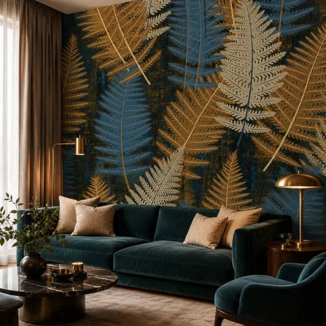 Blue and gold fern wallpaper installed behind a sofa in a luxury lounge