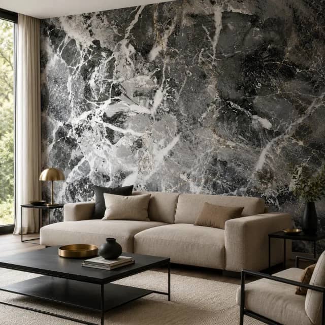 Grey black marble mural behind a sofa in a modern living room