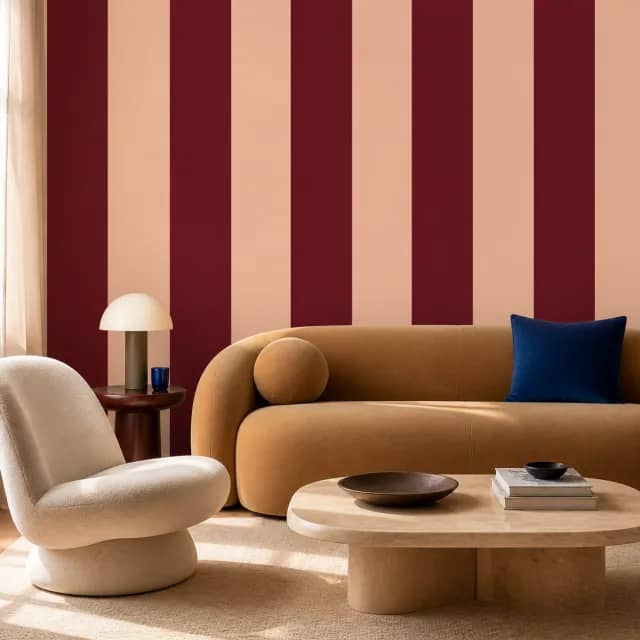 Burgundy and peach striped mural in a retro-modern living room