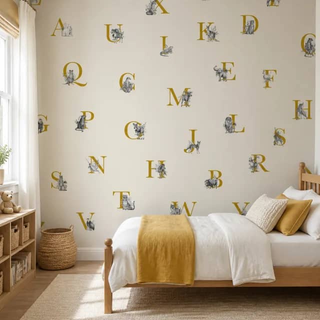 Animal alphabet mural installed on a child's bedroom wall