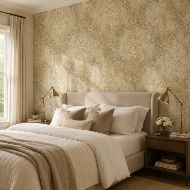 Beige gold damask wallpaper behind a bed in a classic bedroom