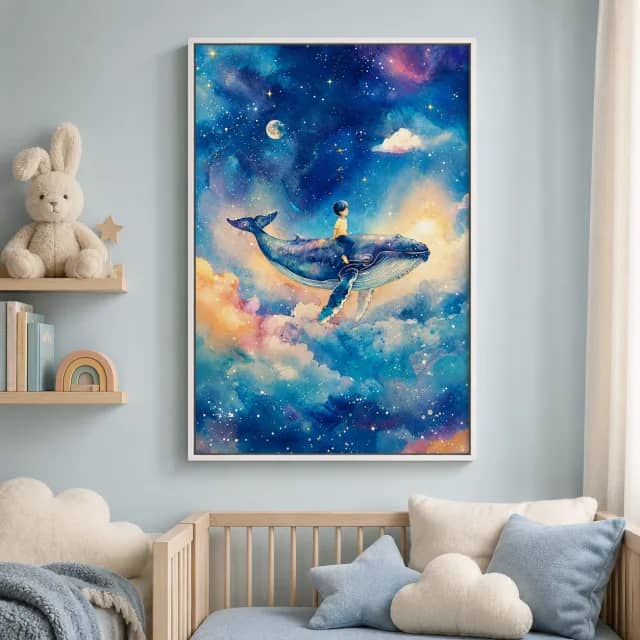 White framed whale and stars artwork in a bright kids reading corner